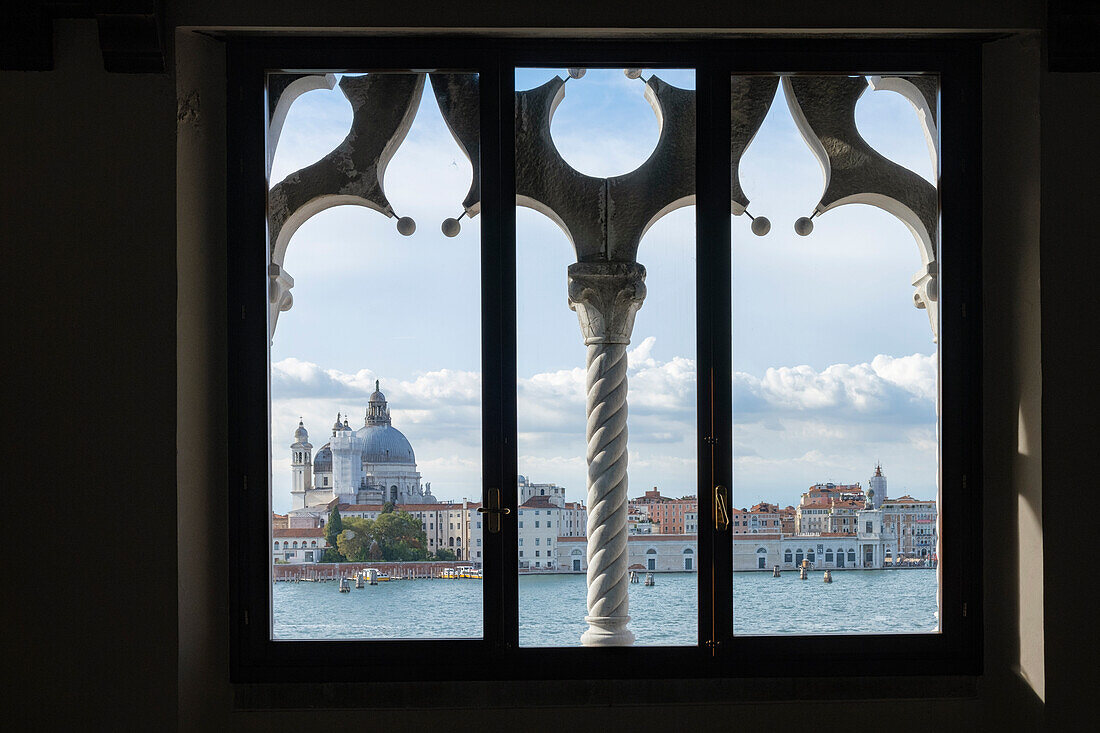 Window view of Venice from the Casa dei Tre Oci in Giudecca, Venice, Veneto, Italy, Europe
