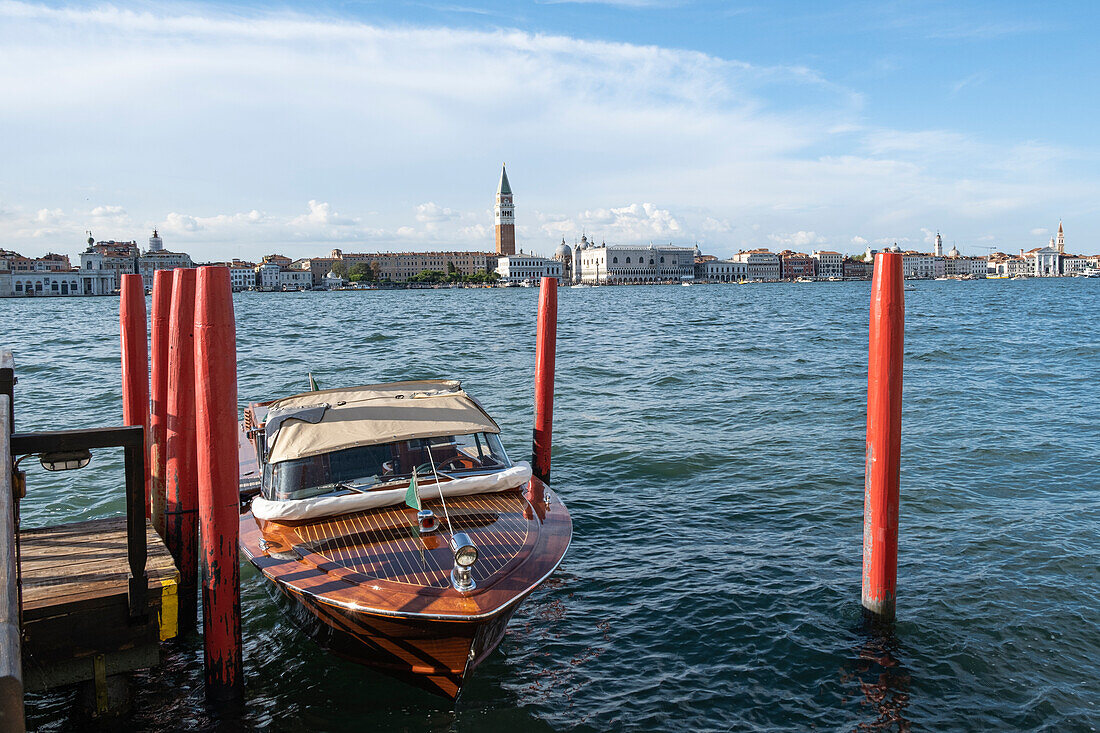 View of San Marco square with Riva boat in the foreground, Giudecca, Venice, Veneto, Italy, Europe