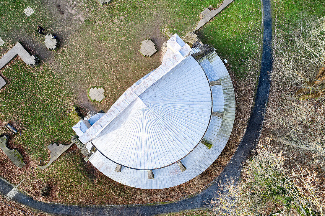 Aerial view of the remains of a 13th-century Cistercian abbey with Baroque additions; Heisterbach Monastery, Koenigswinter, NRW, Germany