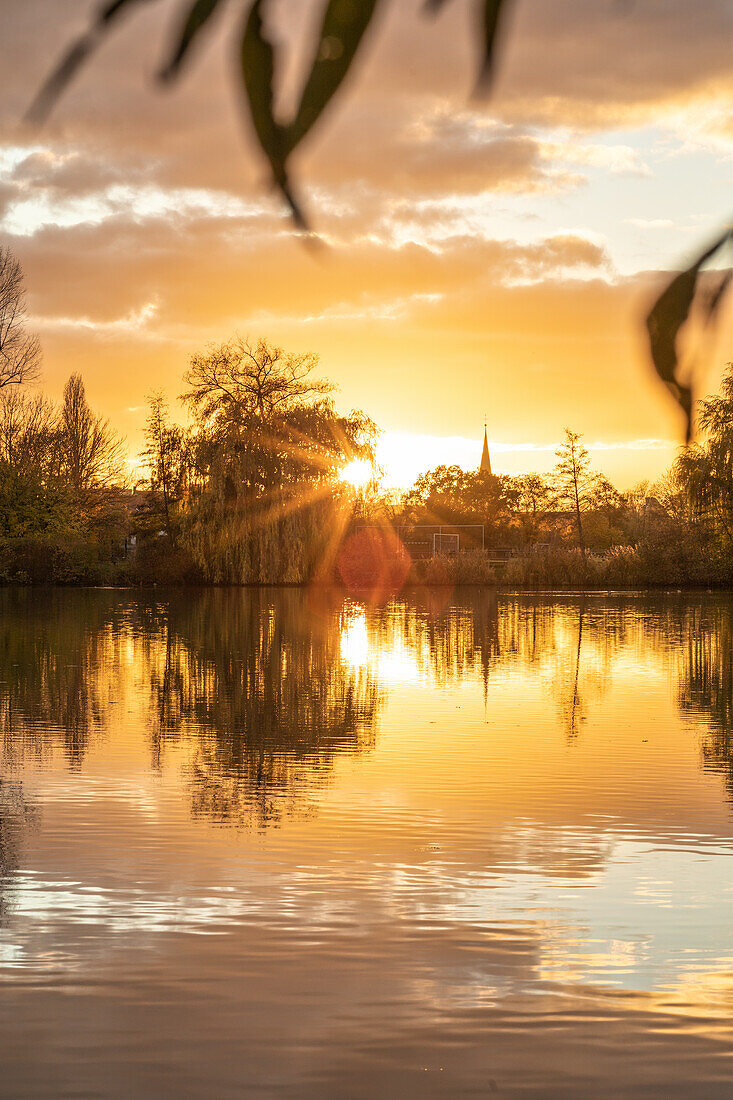 Sonnenuntergang am Stadtsee, Iphofen, Kitzingen, Unterfranken, Franken, Bayern, Deutschland, Europa