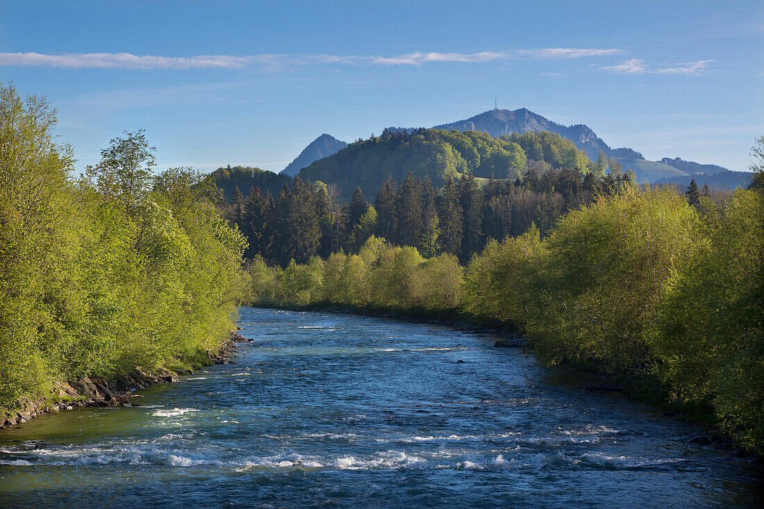 Blick über die Iller zum Grünten, bei Fischen, Allgäu, Bayern, Deutschland