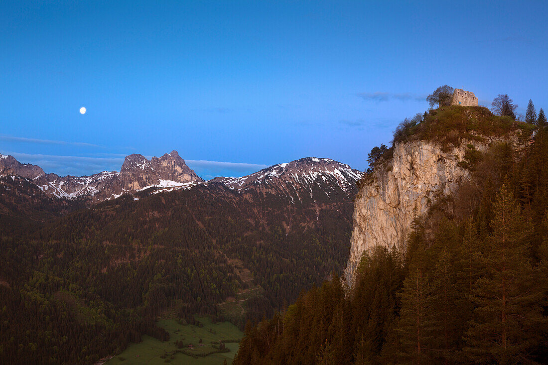 View over the Falkenstein castle ruins and the Vilstal to Aggenstein and Breitenberg, near Pfronten, Allgäu, Bavaria, Germany