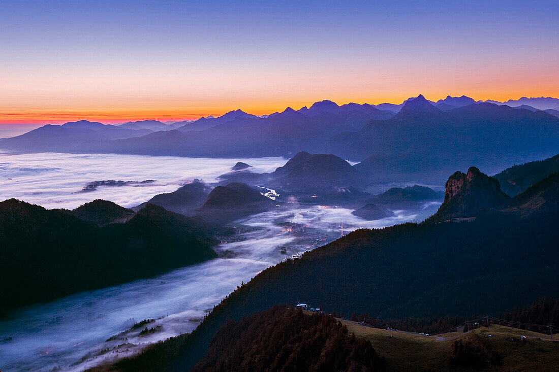 View from Breitenberg over the Lech valley near Füssen to the Ammer Mountains, near Pfronten, Allgäu, Bavaria, Germany