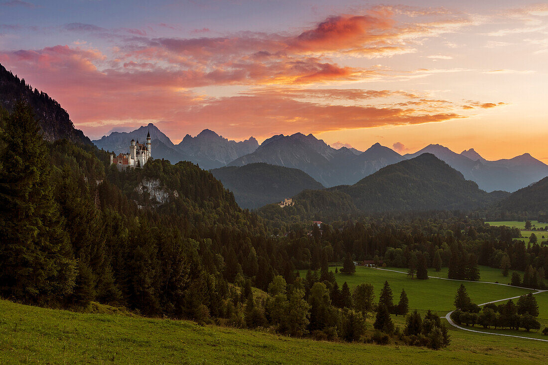 View over Neuschwanstein and Hohenschwangau to the Tannheim Mountains, Allgäu, Bavaria, Germany