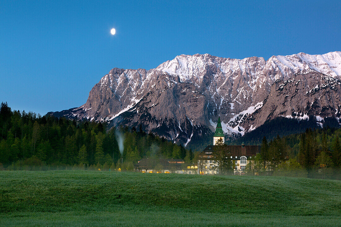 Moon over the Wetterstein Mountains, Elmau Castle, Bavaria, Germany