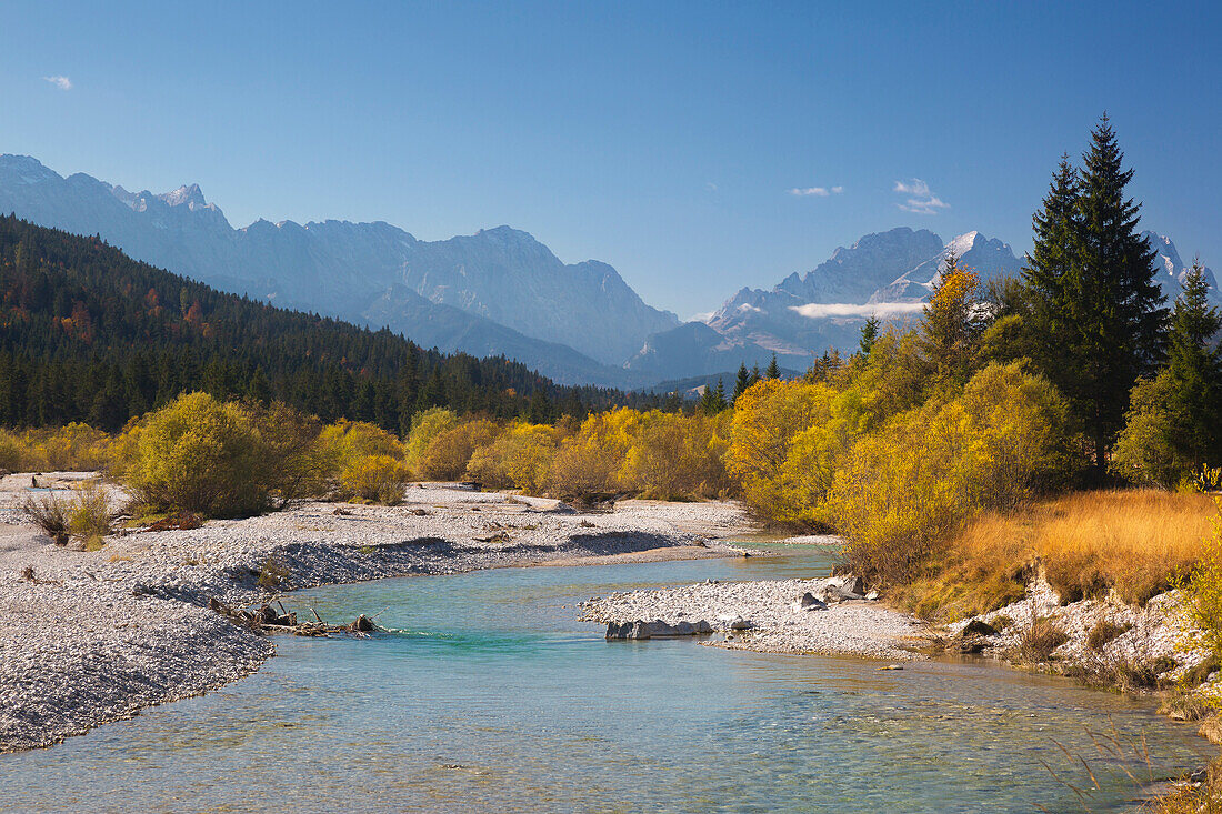 Oberes Isartal nature reserve, view of the Wetterstein mountains, Bavaria, Germany