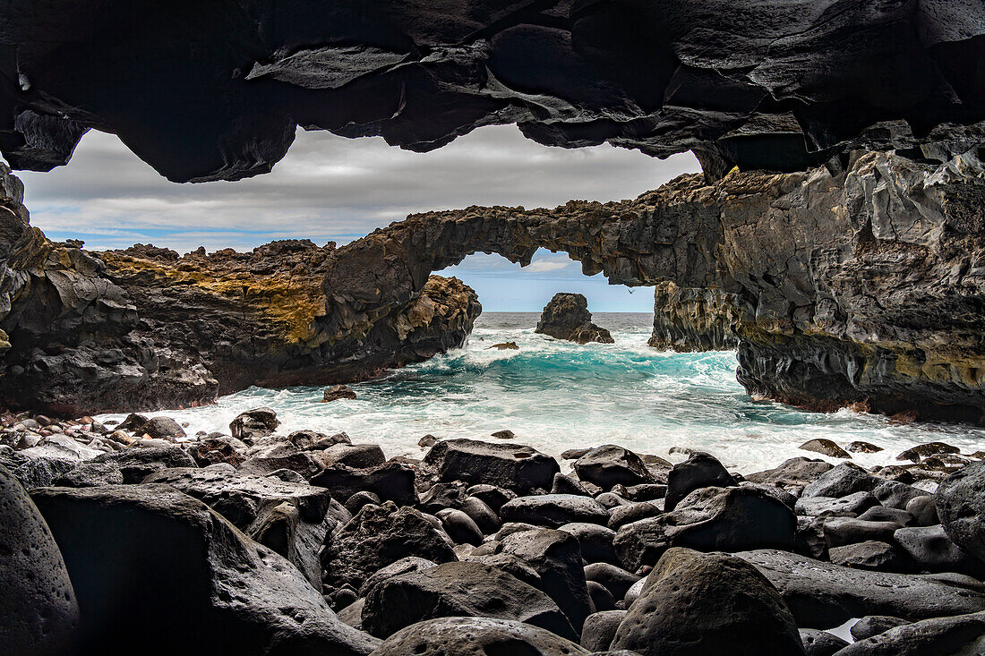Lava rock bridge on the coast of Las Puntas, El Hierro, Canary Islands, Spain
