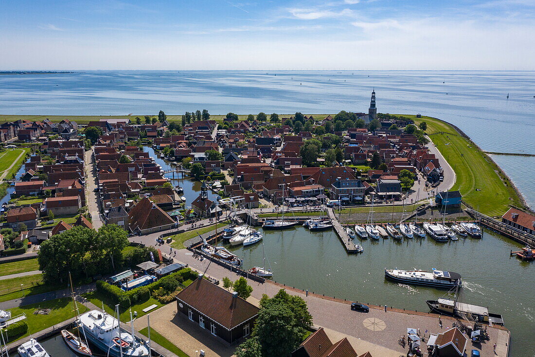 Aerial view of Jachthaven Hindeloopen Marina, town and IJsselmeer, Hindeloopen, Friesland, Netherlands, Europe