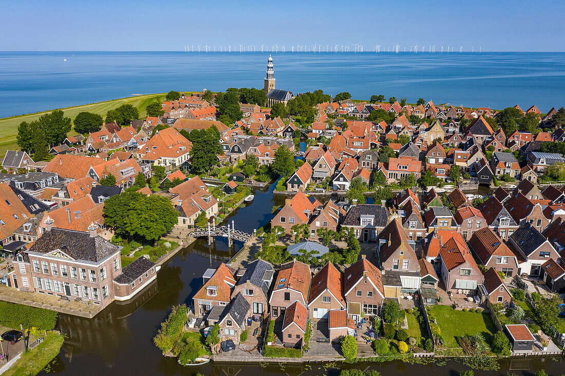 Aerial view of city center and IJsselmeer, Hindeloopen, Friesland, Netherlands, Europe