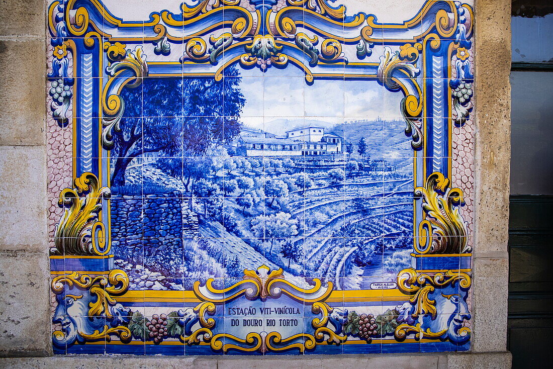 Panel with azulejo tiles at Pinhão Train Station on the Douro River, Pinhão, Vila Real, Portugal, Europe