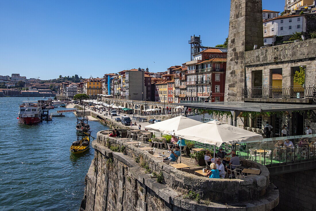 Cafe unterhalb der Brücke Ponte Dom Luis I, Porto, Porto, Portugal, Europa