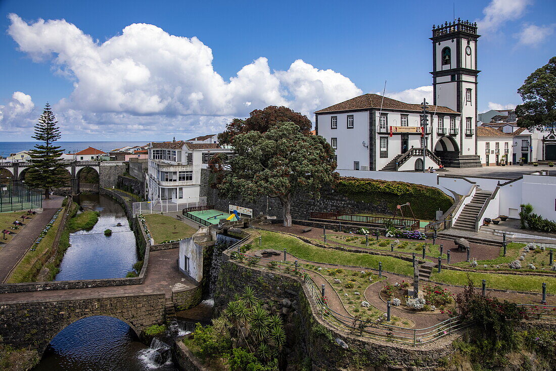 River, City Gardens and City Hall, Ribeira Grande, Sao Miguel Island, Azores, Portugal, Europe