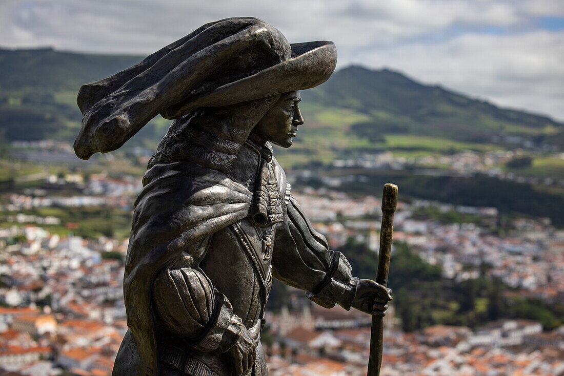 Statue of Afonso VI Second King of Portugal at Miradouro do Pico das Cruzinhas viewpoint, Angra do Heroísmo, Terceira Island, Azores, Portugal, Europe