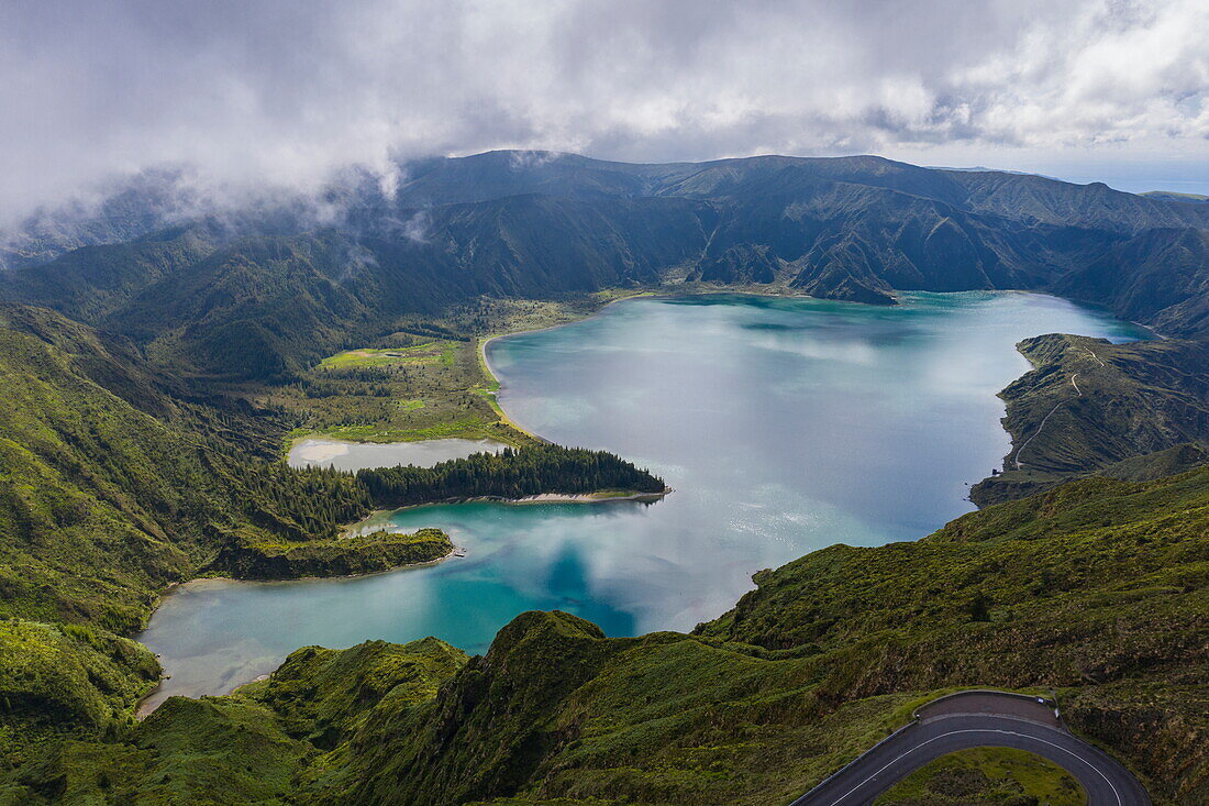 Aerial view of Lagoa do Fogo, near Água de Alto, Sao Miguel Island, Azores, Portugal, Europe