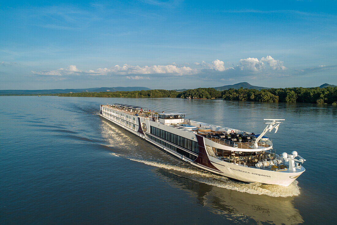 Aerial view of river cruise ship Excellence Empress (travel agency Mittelthurgau) on the Danube, Obid, Nitra, Slovakia, Europe