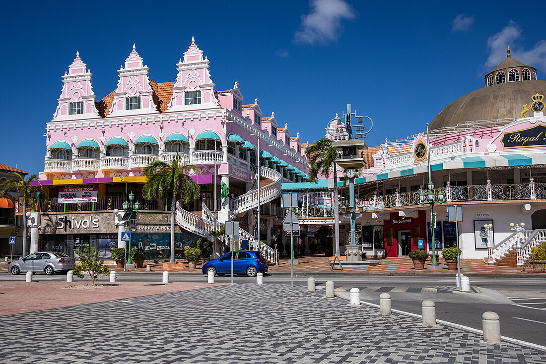 Colorful buildings with Royal Plaza Mall, Oranjestad, Aruba, Dutch Caribbean, Caribbean