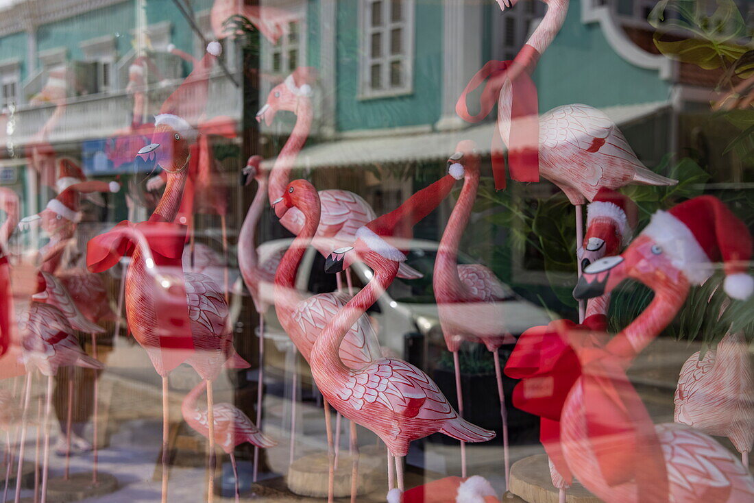 Reflection in shop window with flamingo and Christmas decorations, Kralendijk, Bonaire, Netherlands Antilles, Caribbean