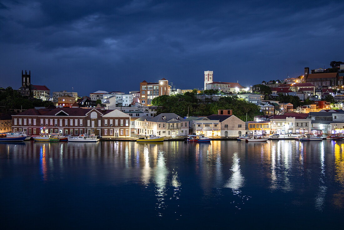 Harbor and city lights at dusk, St. George's, St. George, Grenada, Caribbean