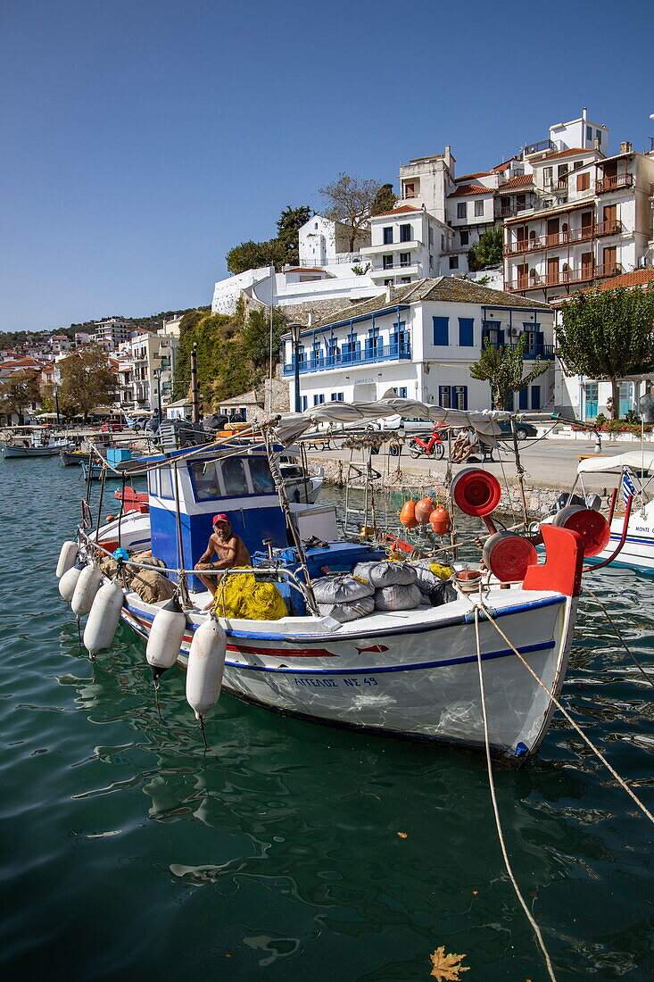 Fishing boat in the harbour, Skopelos, Thessaly, Greece, Europe