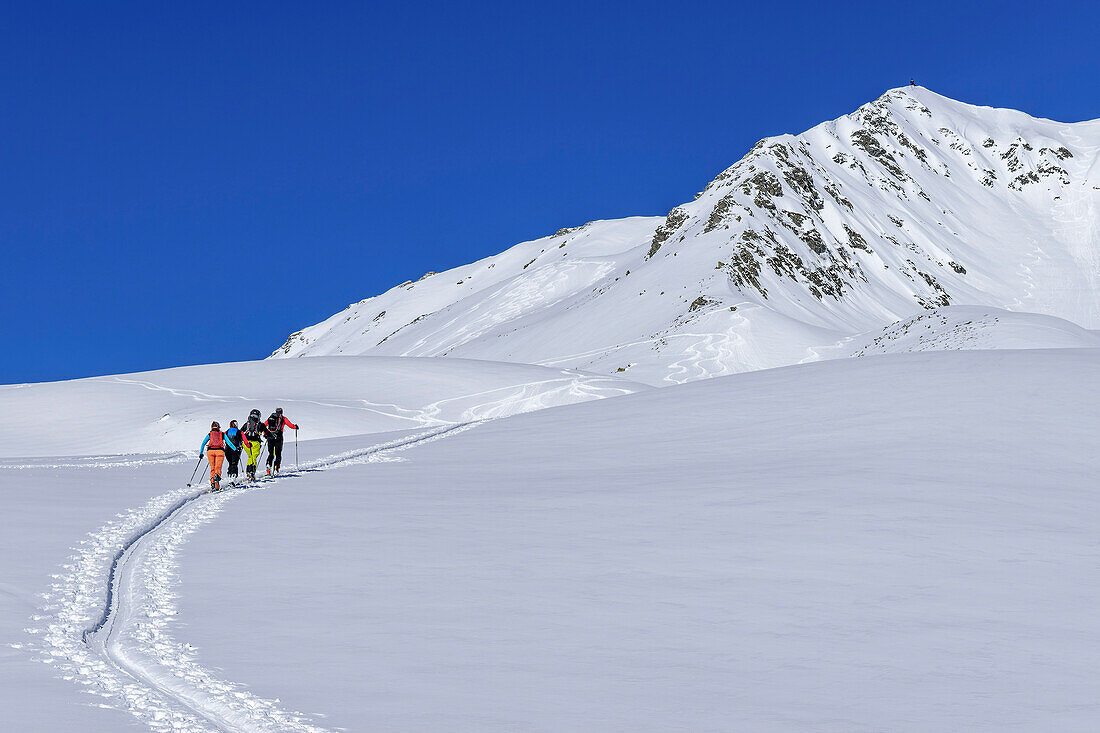 Vier Personen auf Skitour steigen zum Kellerjoch auf, Kellerjoch, Zillertal, Hochfügen, Tuxer Alpen, Tirol, Österreich