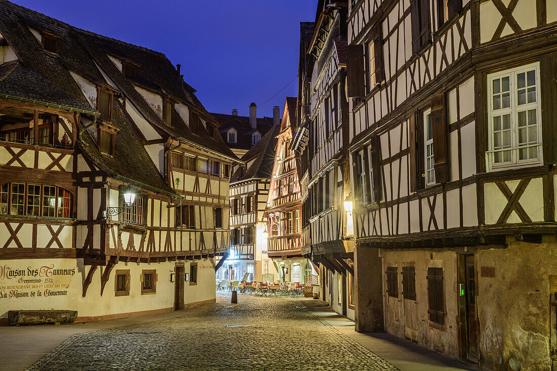 Illuminated half-timbered houses, tanners'39; quarter, Petite France, Strasbourg, Strasbourg, UNESCO World Heritage Site Strasbourg, Alsace, Grand Est, France