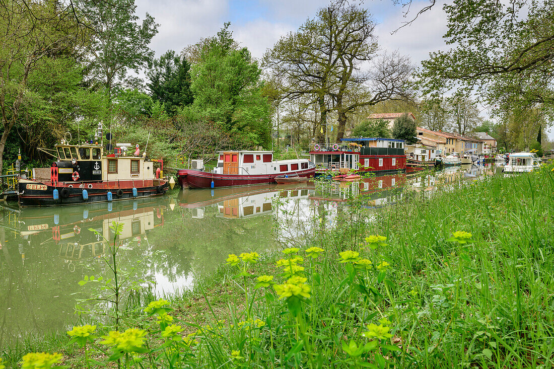 Hausboote am Canal du Midi, Gardouch, Canal du Midi, UNESCO Welterbe Canal du Midi, Okzitanien, Frankreich