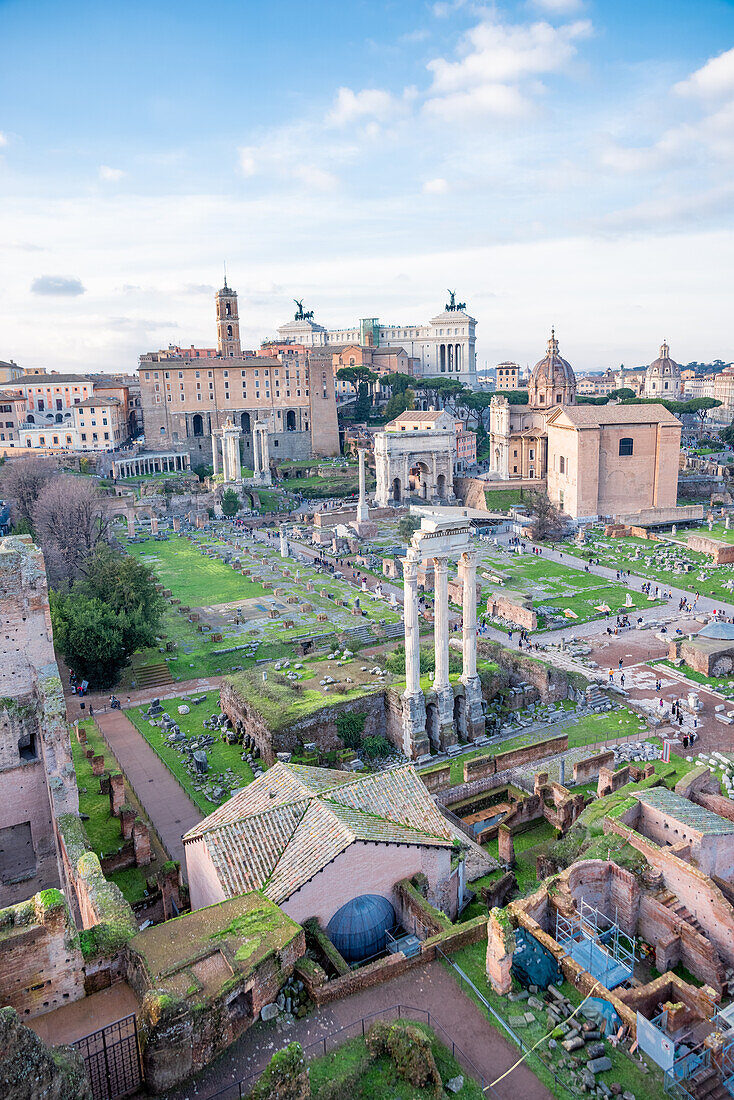 View of the ruins of Palatine hill from the Terrazza Belvedere del Palatino in Rome, Italy