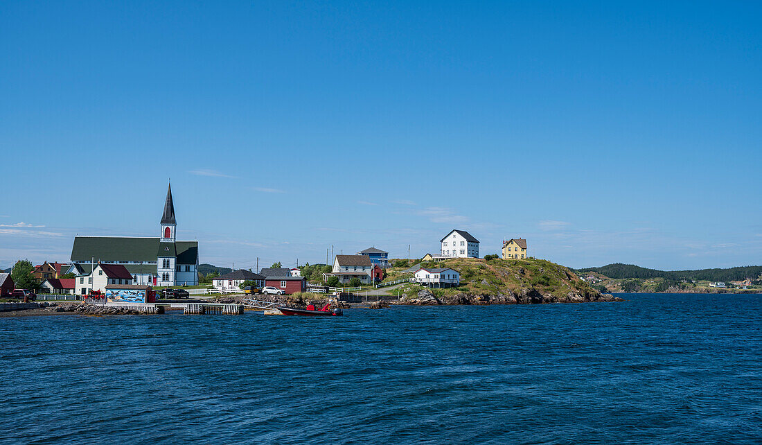 Canada, Labrador, Newfoundland, Trinity, Sea coastline with Trinity church