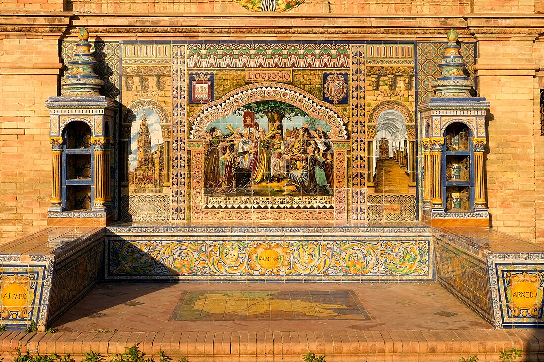 Spain, Seville, Decorative tiles on bench at Plaza de Espagna