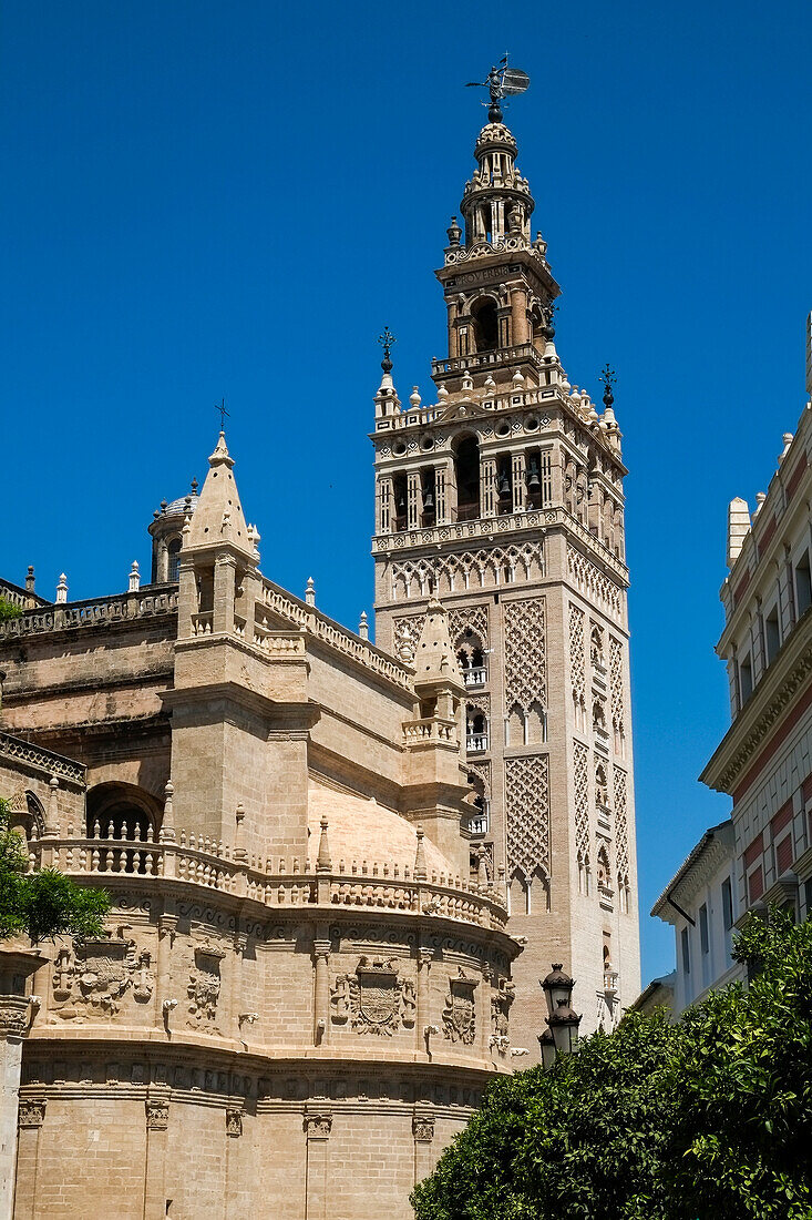 Spanien, Sevilla, klarer Himmel des Glockenturms der Kathedrale