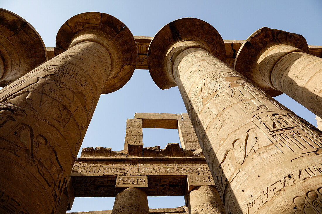 Egypt, Luxor, Low angle view at columns at Temple of Karnak