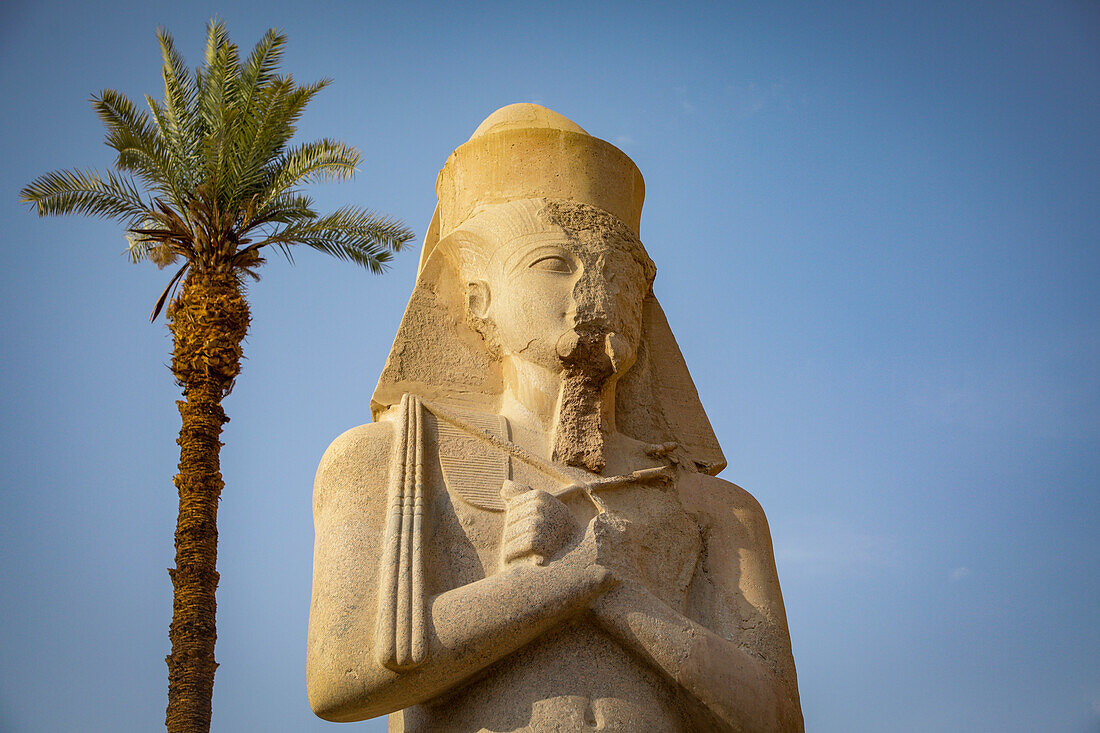 Ägypten, Luxor, Pharao-Statue und Palme am Tempel von Karnak