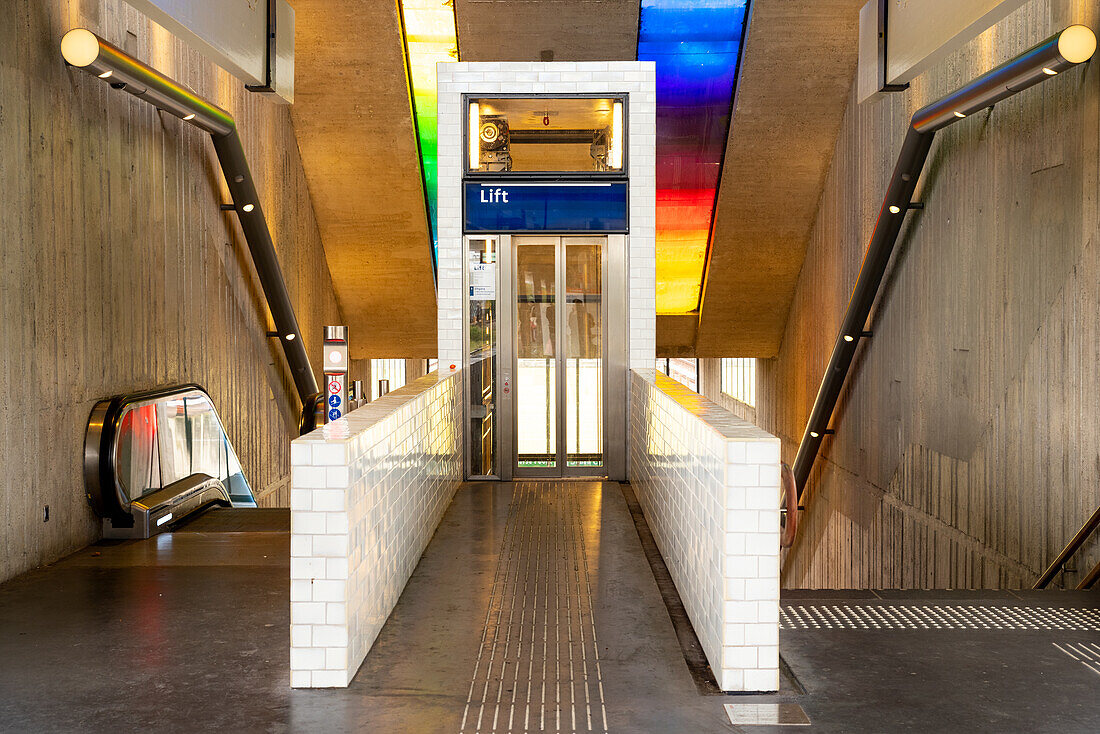 Elevator and escalator of the Amsterdam Arena metro station.