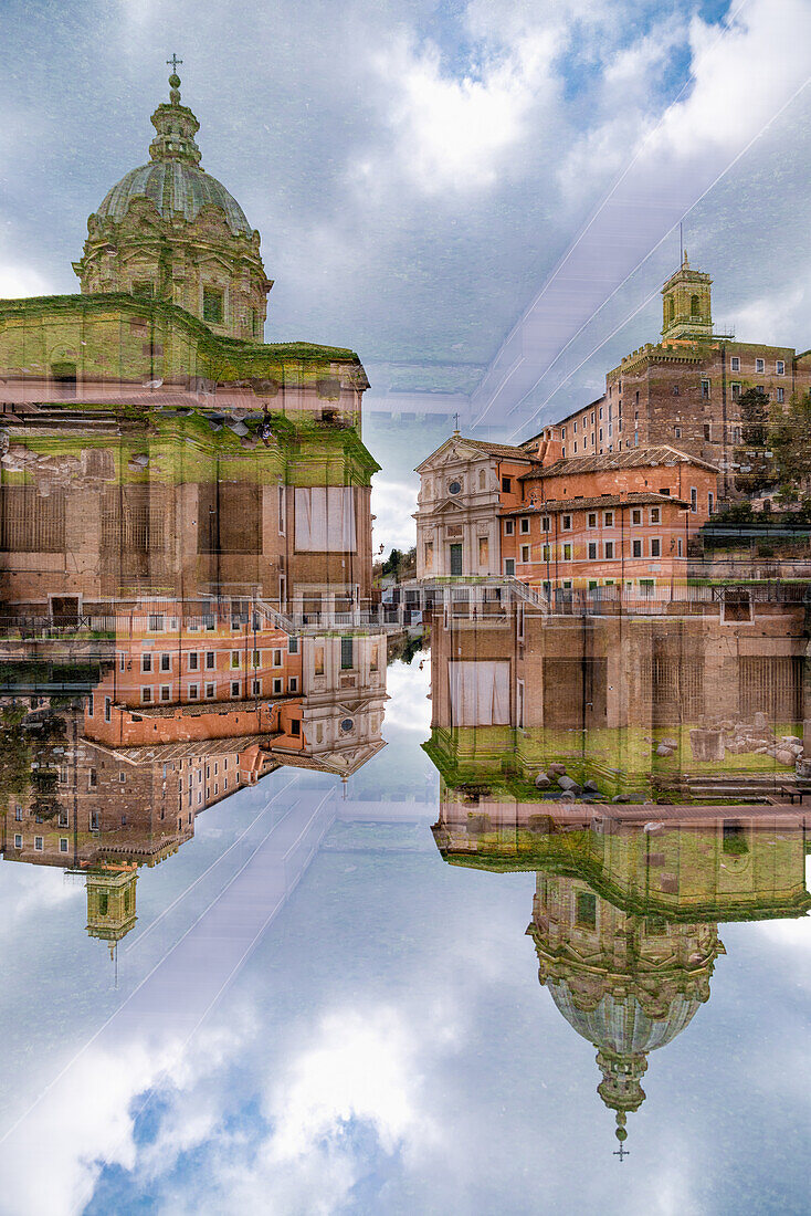 Double exposure of the Chiesa Santio Luca on Palatine hill in Rome, Italy.