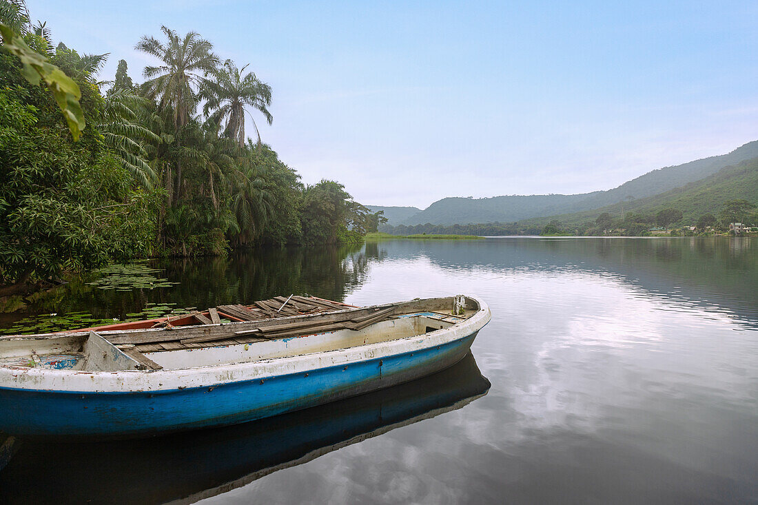 Volta River with a rowing boat at Adomi near the Akosombo Dam in the Eastern Region of eastern Ghana in West Africa