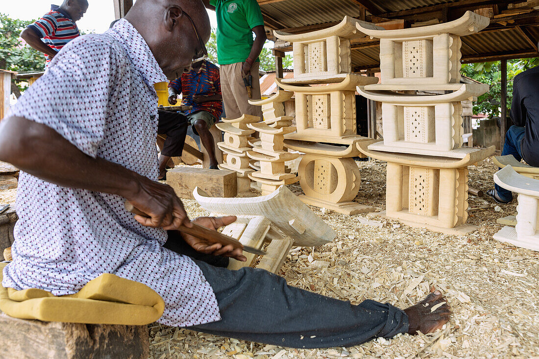 Ashanti wooden stools made by carvers at Ahwiaa north of Kumasi in the Ashanti Region of central Ghana in West Africa