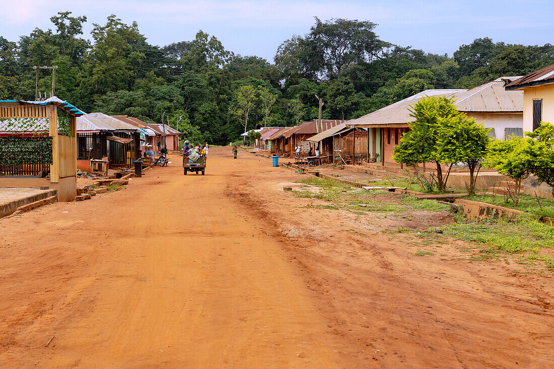 Street scene in the village of Boabeng at the Boabeng-Fiema-Monkey Sanctuary in the Bono East Region of northern Ghana in West Africa