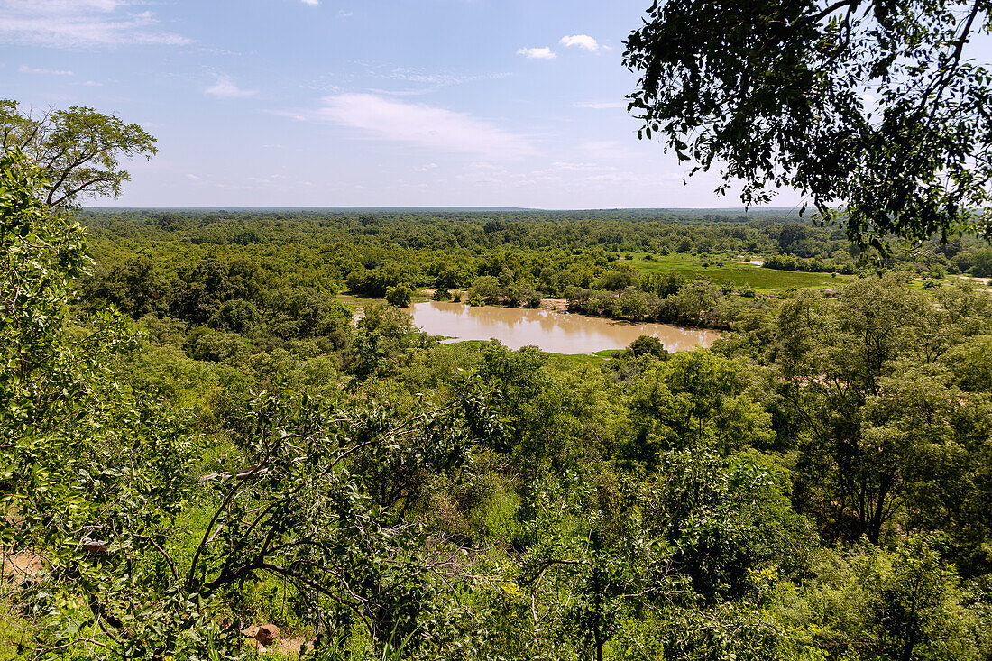 Blick über die Savanne und große Wasserstelle im Mole National Park in der Savannah Region im Norden von Ghana in Westafrika