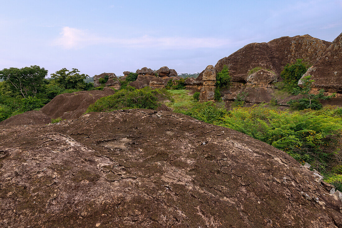 Turtle Rock and Tano Rock rock formation in the Sacred Grove of Tanoboase in the historic Brong Ahafo Region in the Bono East Region of central Ghana in West Africa