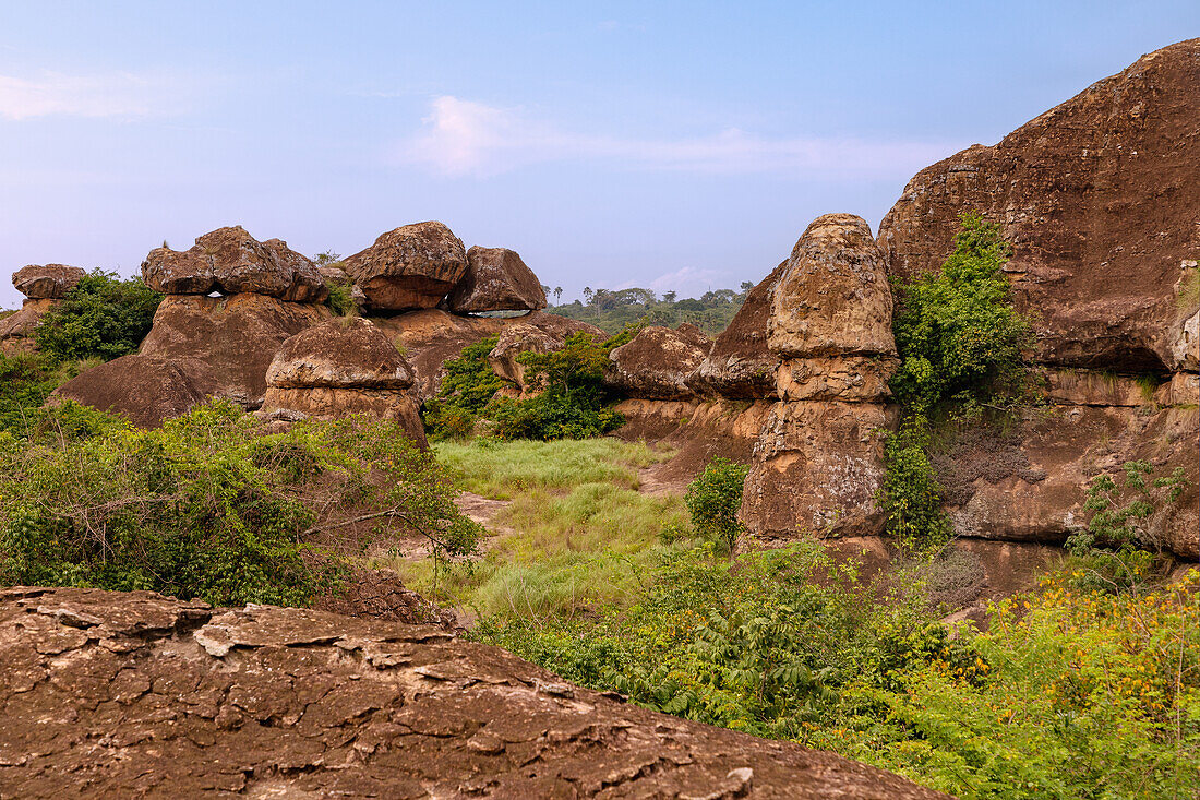 Tano Rock rock formation in the Sacred Grove of Tanoboase in the historic Brong Ahafo Region in the Bono East Region of central Ghana in West Africa