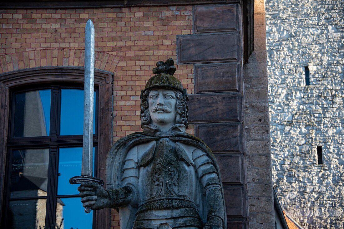 Roland in front of Calbe Town Hall, only German Roland with a helmet, Calbe (Saale), Saxony-Anhalt, Germany