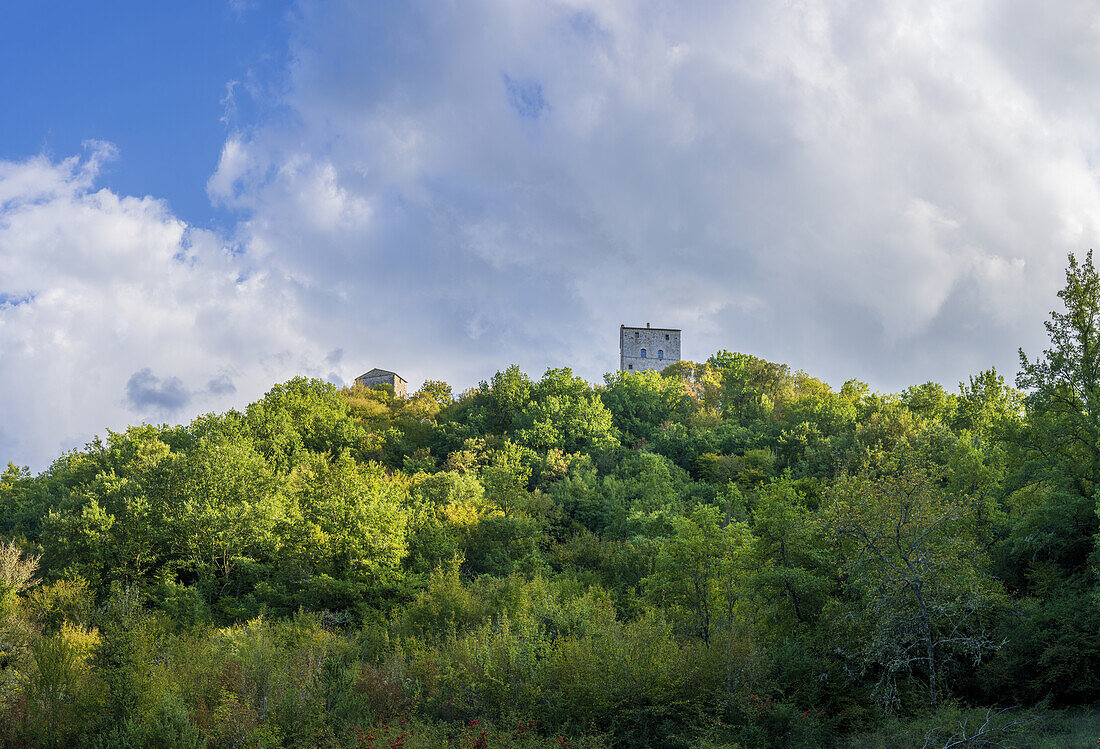 Blick hoch zur Burg Castello di Montarrenti, Sovicille, Rosia, Provinz Siena, Toskana, Italien