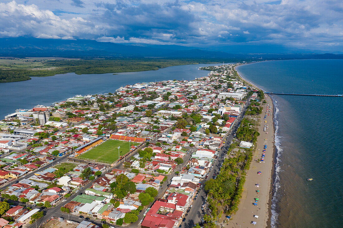 Aerial view of town and beach, Puntarenas, Puntarenas, Costa Rica, Central America