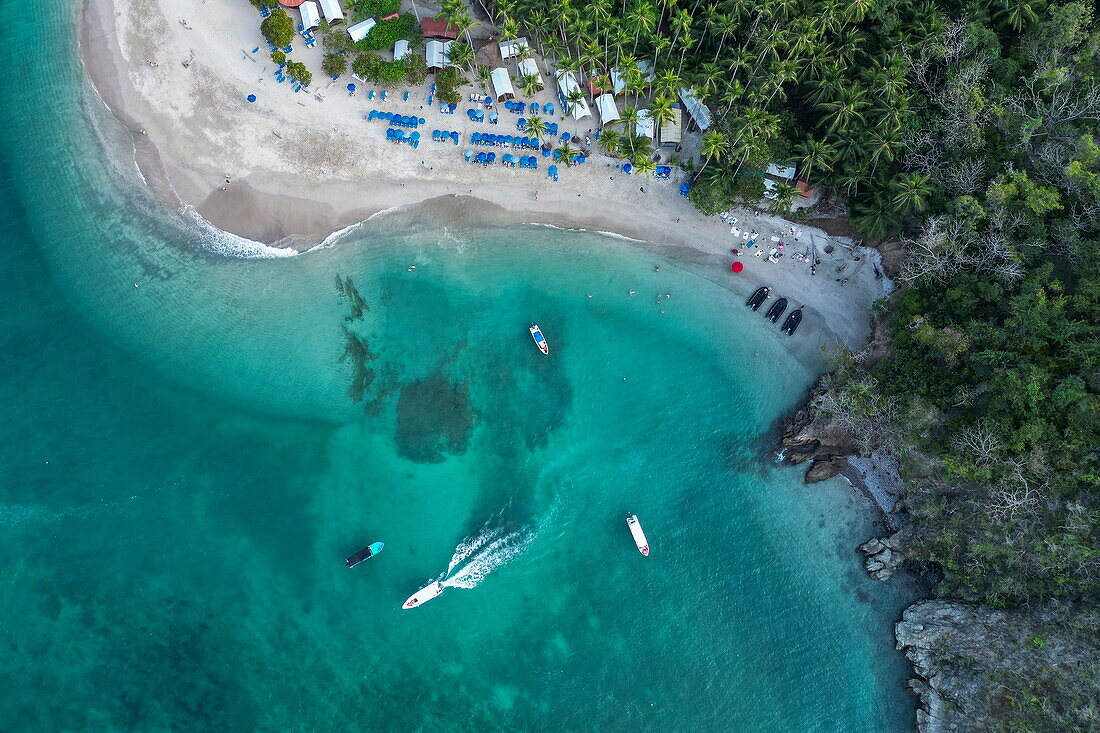 Aerial view of pleasure boats and beach, Isla Tortuga, Puntarenas, Costa Rica, Central America