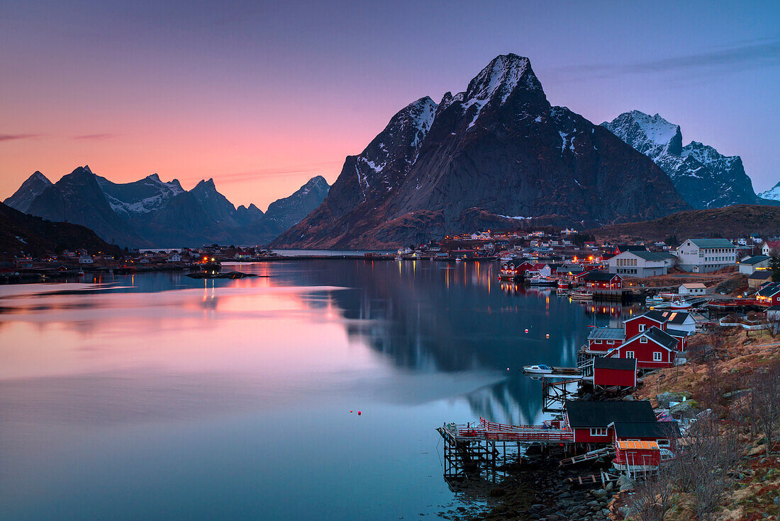 Dusk in Reine harbour, Lofoten, Norway.