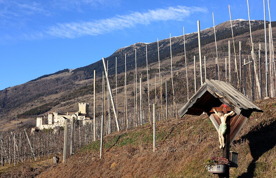 Wegkreuz in den Weinbergen und Blick auf Churburg, Schluderns, Vinschgau, Südtirol, Trentino, Italien