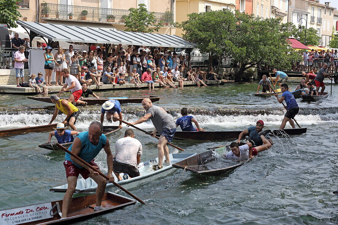 Flachbootrennen auf der Sorgue, L'Isle-sur-la-Sorgue, Vaucluse, Provence-Alpes-Côte d'Azur, Frankreich