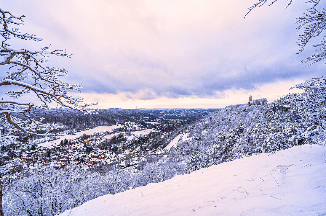 View of the Ziegenhainer valley in winter with snow towards the city center with the Fuchsturm on the snowy mountain, Jena, Thuringia, Germany