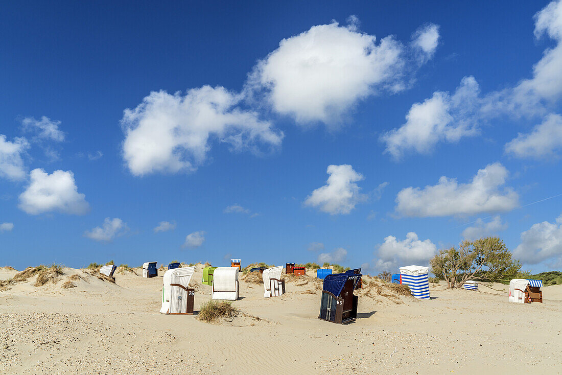 Beach chairs and beach tents on the beach, Borkum Island, Lower Saxony, Germany