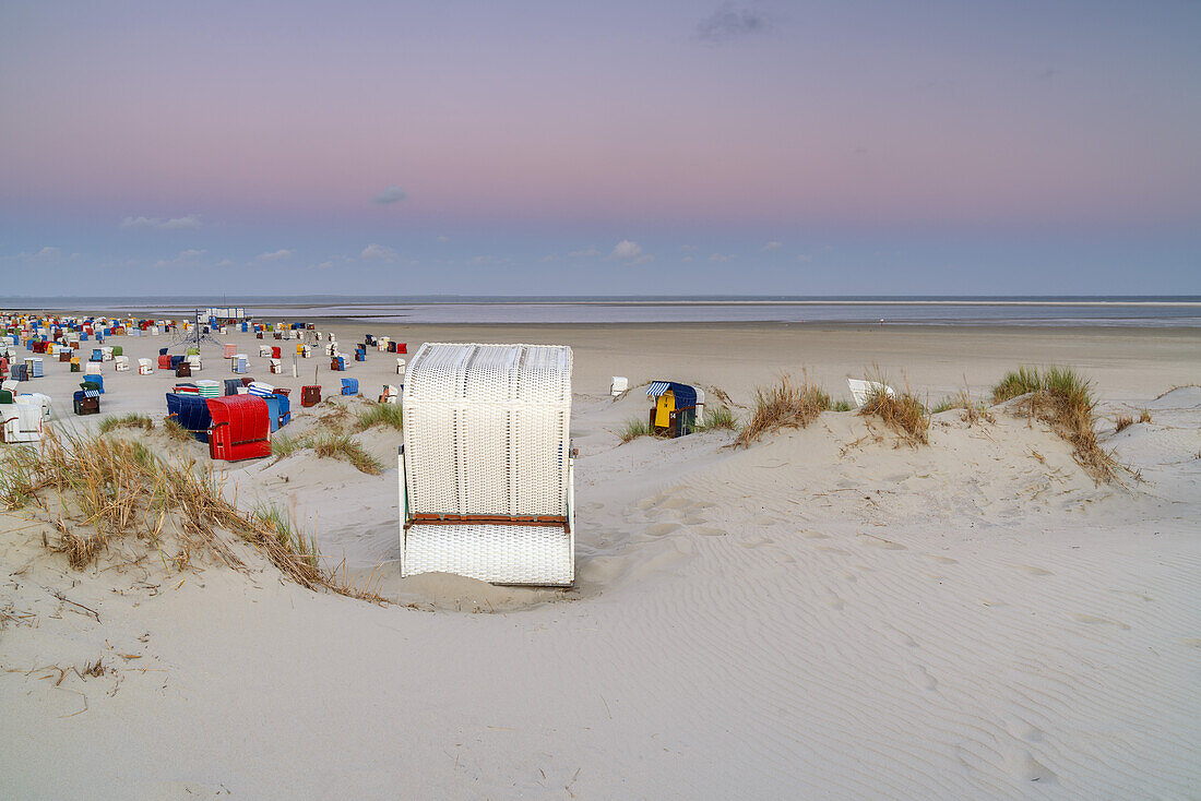 Strandkörbe und Strandzelte am Strand, Insel Borkum, Niedersachsen, Deutschland